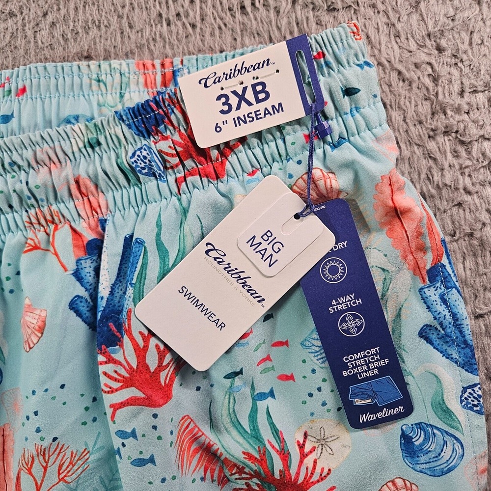 NWT Caribbean Swim Shorts Trunks‎ Men's 3XB Lined Zip Pocket Coral Sea Life Blue